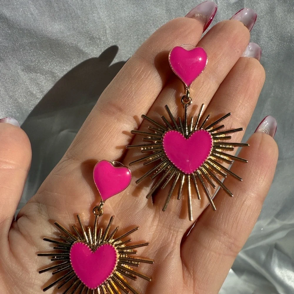 Pink Heart Statement Retro Gold Sunburst Dangle Valentine’s Day Jewelry